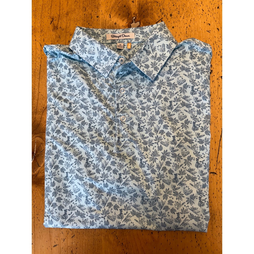 Straight Down Cigar Print Polo Size M Mens Blue Tobacco Leaf Golf Shirt UPF 50